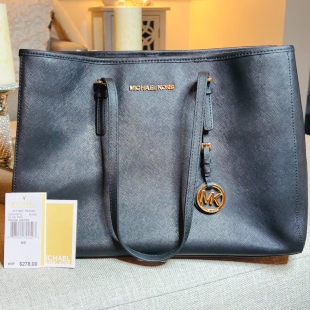 MICHAEL KORS  Jet Set Travel Large Saffiano Leather Tote Bag -Black - Picture 12 of 13